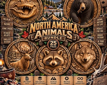 May include: A digital collection of 25 North America Animals Bundle files featuring circular wood-carved reliefs of an alligator, black bear, elk, raccoon, and wolf. The graphic includes text labels, mountain scenery, and icons for CNC ready files.