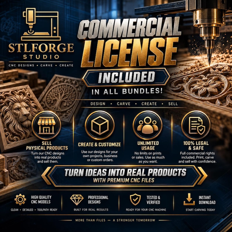 May include: A digital graphic for STLForge Studio featuring the text COMMERCIAL LICENSE INCLUDED IN ALL BUNDLES. The image displays a CNC machine carving wood, icons for selling physical products, unlimited usage, and legal rights, with the text TURN IDEAS INTO REAL PRODUCTS WITH PREMIUM CNC FILES.
