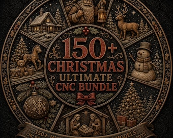 Può includere: Un grafico digitale circolare con il testo 150+ CHRISTMAS ULTIMATE CNC BUNDLE. Il design è diviso in segmenti che mostrano illustrazioni in rilievo di Babbo Natale, una renna, un pupazzo di neve, un presepe e decorazioni natalizie.