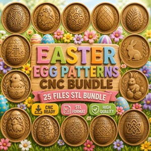 Könnte beinhalten: Eine Sammlung aufwendig geschnitzter Holz-Osterei-Designs, präsentiert auf Gras und Blumen. Das Bild enthält ein Schild mit der Aufschrift "EASTER EGG PATTERNS CNC BUNDLE" und Symbole für CNC-Ready und STL-Format. Das Thema ist Ostern.