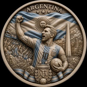 May include: A detailed relief sculpture featuring a soccer player in a blue and white striped jersey, holding a soccer ball and raising a fist. The background includes the Argentinian flag, a crowd, and the text "ARGENTINA".
