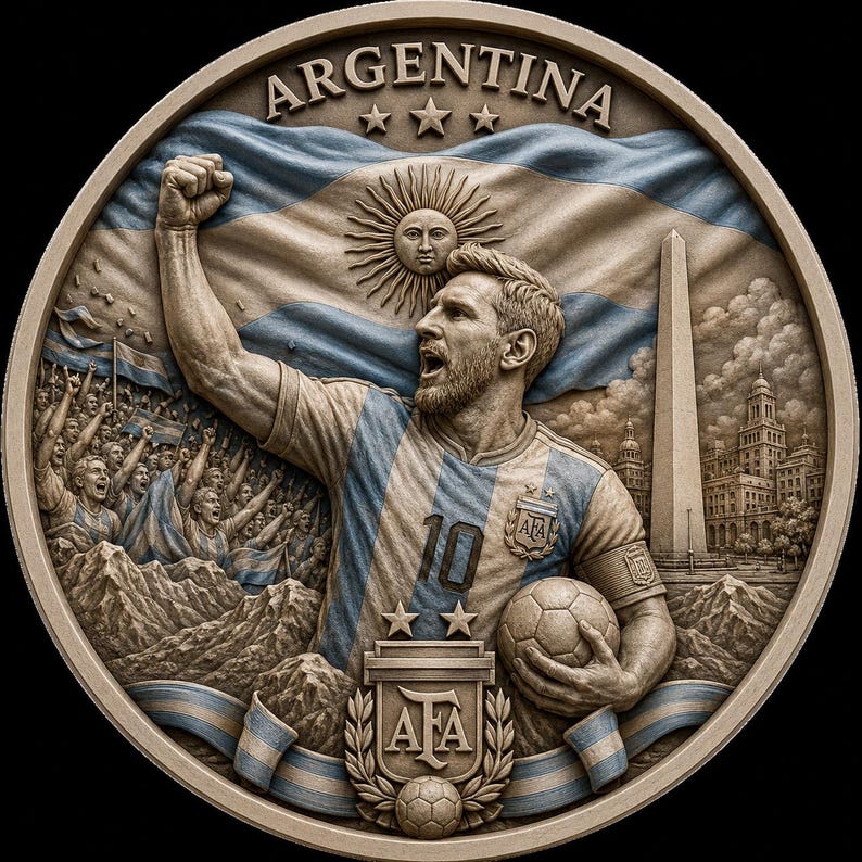 May include: A detailed relief sculpture featuring a soccer player in a blue and white striped jersey, holding a soccer ball and raising a fist. The background includes the Argentinian flag, a crowd, and the text "ARGENTINA".