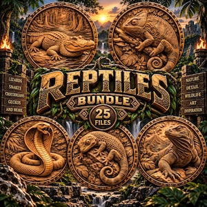 Könnte beinhalten: Eine digitale Grafik mit fünf kreisförmigen Medaillons in Holzoptik, die ein Krokodil, ein Chamäleon, eine Kobra, einen Gecko und eine Eidechse zeigen. Der zentrale Text lautet REPTILES BUNDLE 25 FILES, umgeben von Dschungel, Wasserfällen und Holzschildern.