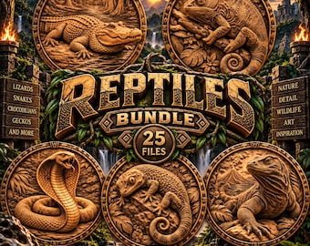 Reptiles STL Bundle, Reptile CNC Relief Model, Crocodiles, Tortoise STL, Laser & 3D Printing Files - Digital Download