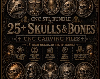 Skulls & Bones STL Bundle, 3D CNC Relief Model for Carving, Laser and 3D Printing Compatible  - Digital Download