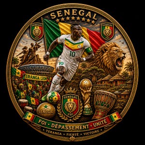May include: A detailed illustration featuring a soccer player in a white jersey with the number 10, running in front of the Senegal flag. The image includes a lion, soccer balls, a trophy, and the words "SENEGAL" and "FIFA WORLD CUP".