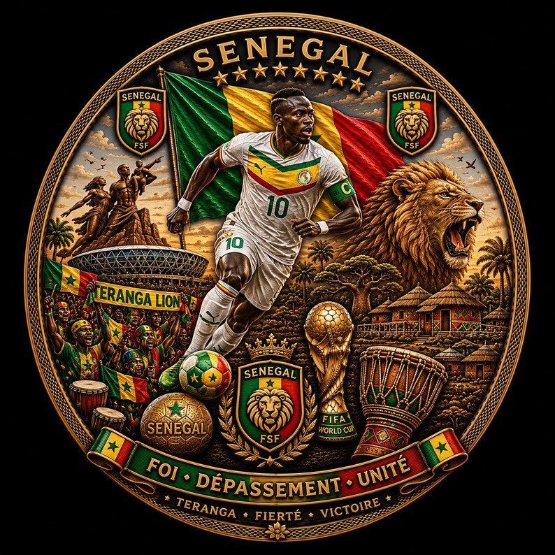 May include: A detailed illustration featuring a soccer player in a white jersey with the number 10, running in front of the Senegal flag. The image includes a lion, soccer balls, a trophy, and the words "SENEGAL" and "FIFA WORLD CUP".