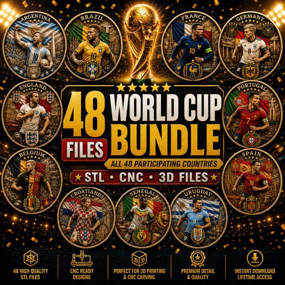 48 World Cup STL Bundle | Football CNC Relief Files | Soccer Depth Maps | 3D STL Files | cnc Carving | Laser Engraving | World Cup Countries