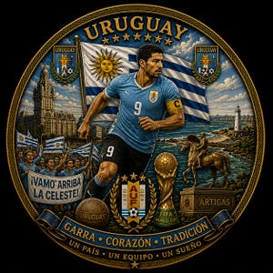 May include: A detailed illustration of a soccer-themed design featuring a soccer player in a blue jersey with the number 9, the Uruguayan flag, and the text "URUGUAY". The design includes a soccer ball, a trophy, and the words "GARRA CORAZ&Oacute;N TRADICI&Oacute;N".