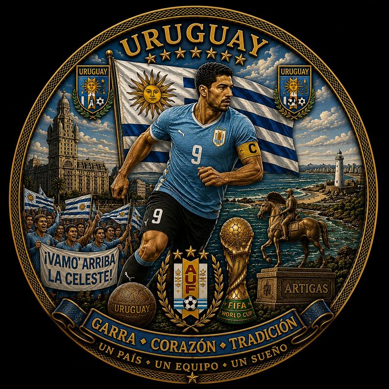May include: A detailed illustration of a soccer-themed design featuring a soccer player in a blue jersey with the number 9, the Uruguayan flag, and the text "URUGUAY". The design includes a soccer ball, a trophy, and the words "GARRA CORAZ&Oacute;N TRADICI&Oacute;N".