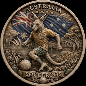 May include: A detailed, circular relief sculpture featuring an anthropomorphic kangaroo in a soccer uniform, kicking a soccer ball. The Australian flag is in the background, with the text "AUSTRALIA" at the top and "SOCCEROOS" at the bottom. Iconic Australian landmarks are also visible.