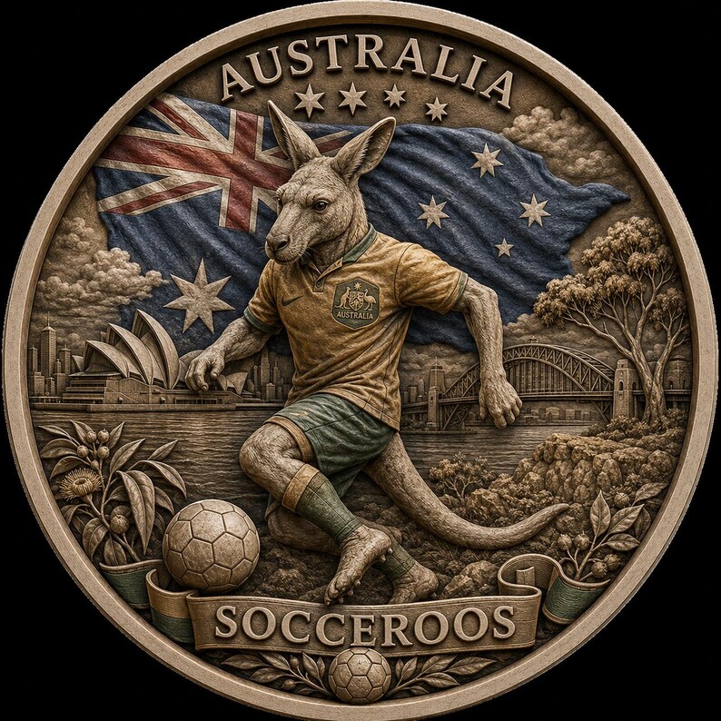 May include: A detailed, circular relief sculpture featuring an anthropomorphic kangaroo in a soccer uniform, kicking a soccer ball. The Australian flag is in the background, with the text "AUSTRALIA" at the top and "SOCCEROOS" at the bottom. Iconic Australian landmarks are also visible.