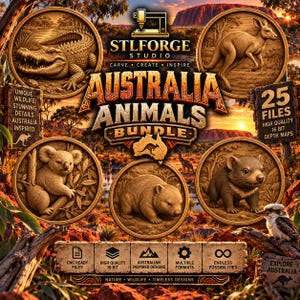 Könnte beinhalten: Eine digitale Sammlung von 25 hochwertigen 16-Bit-Tiefenkartendateien mit dem Titel Australia Animals Bundle von STLForge Studio. Die Grafik zeigt kreisförmige Holzschnitzreliefs eines Krokodils, Kängurus, Koalas und Wombats vor einer Landschaft.
