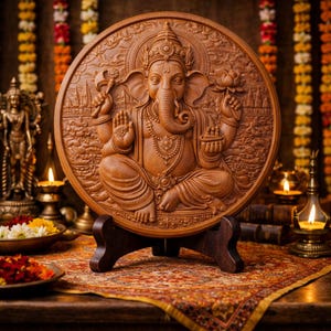May include: A circular wooden plaque featuring a detailed relief carving of the deity Ganesha in a seated position. The carving depicts Ganesha with four arms, holding a lotus and an axe, resting on a dark wooden stand with a smooth, polished finish.