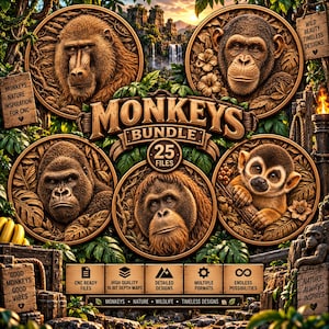 May include: A digital graphic featuring four circular wood-carved style reliefs of a mandrill, chimpanzee, gorilla, and squirrel monkey. The central text reads MONKEYS BUNDLE 25 FILES. Additional text includes WILD BEAUTY TIMELESS DESIGNS and MONKEYS NATURE INSPIRATION FOR CNC.