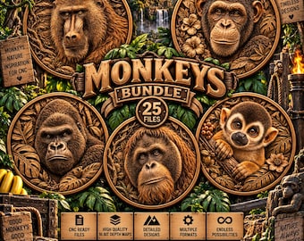 Monkey STL Bundle, 3D Monkey CNC Relief Model, Laser & 3D Printing - Digital Download