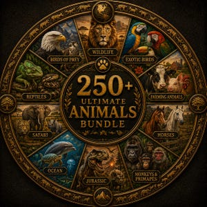 Könnte beinhalten: Eine kreisförmige Grafik mit dem Titel 250+ ULTIMATE ANIMALS BUNDLE, die acht verschiedene Segmente mit Wildtieren, exotischen Vögeln, Nutztieren, Pferden, Affen, jurassischen Kreaturen, Meeresbewohnern und Safaritieren in Goldrahmen zeigt.