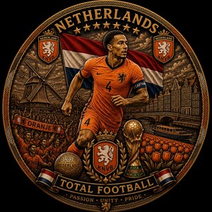 May include: Circular design featuring a soccer player in an orange uniform, the Netherlands flag, and the text "NETHERLANDS". Includes a soccer ball, the FIFA World Cup trophy, and the words "TOTAL FOOTBALL".