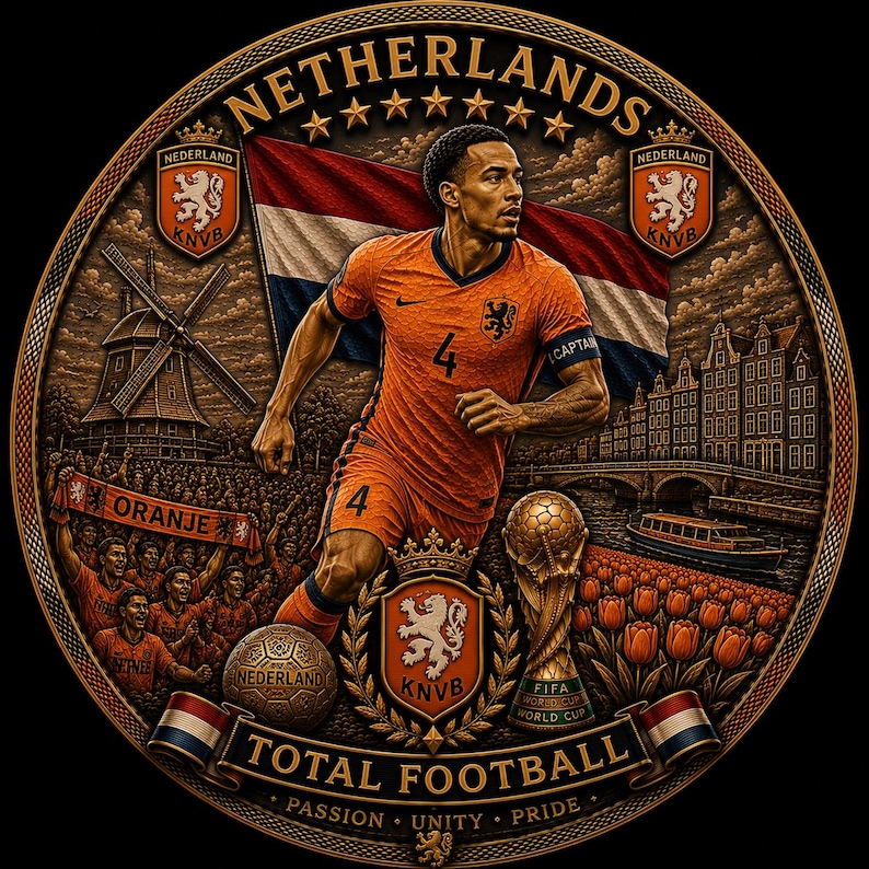 May include: Circular design featuring a soccer player in an orange uniform, the Netherlands flag, and the text "NETHERLANDS". Includes a soccer ball, the FIFA World Cup trophy, and the words "TOTAL FOOTBALL".