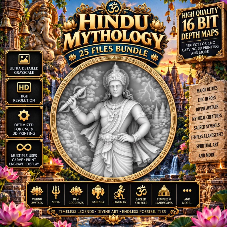 May include: A digital bundle of 25 Hindu Mythology 16-bit depth map files for CNC carving and 3D printing. The graphic features a central grayscale relief of a deity, surrounded by text labels, lotus flowers, and temple imagery in gold and blue.