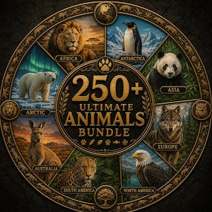 Peut inclure: Un graphique circulaire détaillé présentant des illustrations d'animaux du monde entier, dont un lion, un pingouin, un panda et un loup. Le texte central indique "250+ Ultimate Animals Bundle", avec les noms des continents.