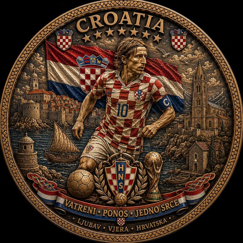 May include: A detailed, circular design featuring a soccer player in a red and white checkered jersey, with the Croatian flag in the background. The design includes a soccer ball, a trophy, and the text "CROATIA" at the top. The design is framed with a decorative border.