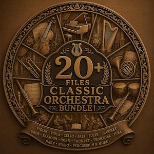 May include: A detailed, circular illustration in shades of brown, featuring musical instruments like a violin, piano, and harp. The text reads "20+ FILES CLASSIC ORCHESTRA BUNDLE!" with a list of instruments below. The design has a vintage, embossed appearance.