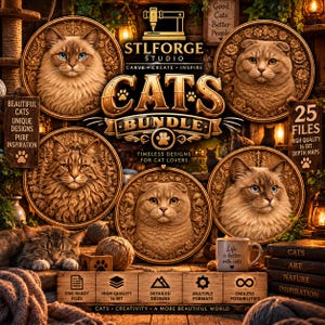 Könnte beinhalten: Eine digitale Grafik des STLFORGE STUDIO CATS BUNDLE mit vier kreisförmigen, holzgeschnitzten Katzenporträts. Das Bild enthält Text wie 25 FILES, HIGH QUALITY 16 BIT DEPTH MAPS und eine Tasse mit der Aufschrift Life is better with cats sowie Symbole für CNC-Dateien.