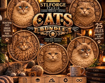 Cats STL Bundle, 3D Cats CNC Relief Models, Cats Breeds STL Files Laser & 3D Printing Files - Digital Download