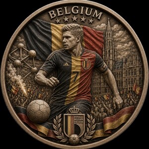 May include: A bronze-colored commemorative coin featuring a soccer player in a Belgium team jersey. The coin includes the Belgian flag, a soccer ball, and the text "BELGIUM". The coin also features the Royal Belgian FA-1895 logo.