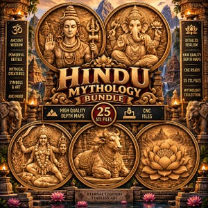 May include: A digital graphic featuring a Hindu Mythology Bundle with 25 STL files and depth maps. The image displays circular reliefs of Shiva, Ganesha, Kali, a bull, and a lotus, surrounded by temple architecture, elephants, and text.