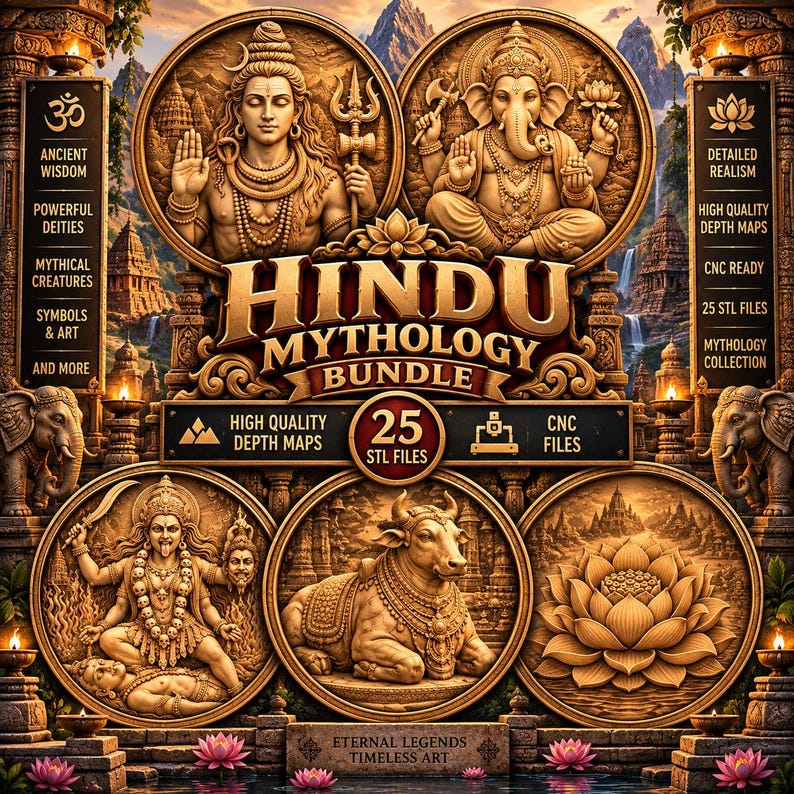 May include: A digital graphic featuring a Hindu Mythology Bundle with 25 STL files and depth maps. The image displays circular reliefs of Shiva, Ganesha, Kali, a bull, and a lotus, surrounded by temple architecture, elephants, and text.