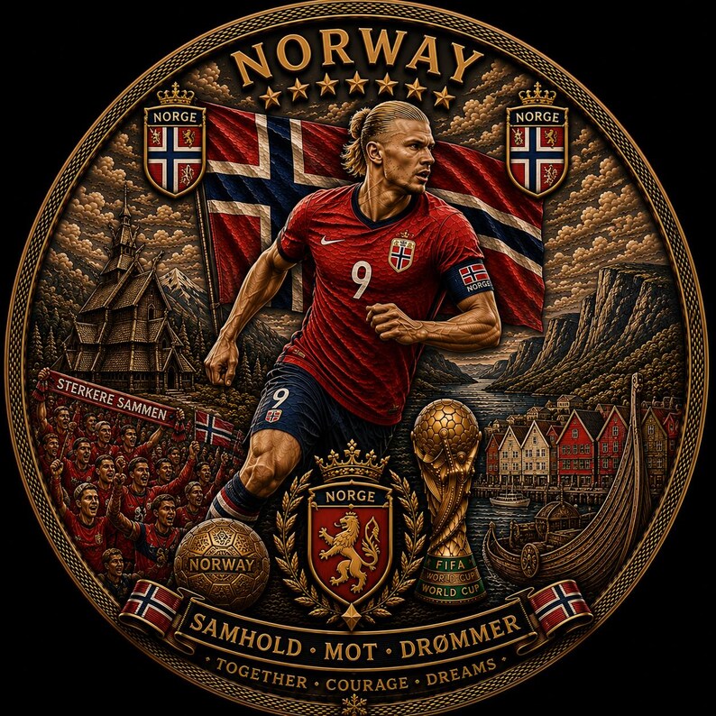 May include: A circular design featuring a soccer player in a red jersey with the number 9, a Norwegian flag, and the text "NORWAY." Includes a soccer ball, a trophy, and the words "TOGETHER COURAGE DREAMS."