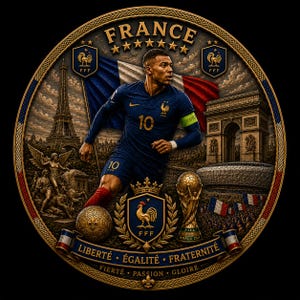May include: A circular design featuring a soccer player in a blue jersey with the number 10, the Eiffel Tower, Arc de Triomphe, and a soccer ball. The design includes the text "FRANCE", "LIBERT&Eacute; &bull; &Eacute;GALIT&Eacute; &bull; FRATERNIT&Eacute;", and a FIFA World Cup trophy.