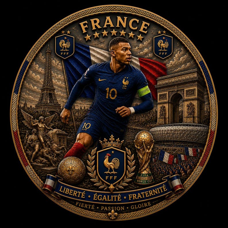 May include: A circular design featuring a soccer player in a blue jersey with the number 10, the Eiffel Tower, Arc de Triomphe, and a soccer ball. The design includes the text "FRANCE", "LIBERT&Eacute; &bull; &Eacute;GALIT&Eacute; &bull; FRATERNIT&Eacute;", and a FIFA World Cup trophy.