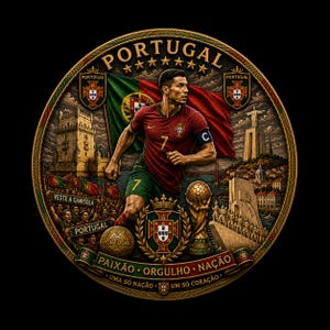 May include: A detailed illustration of a Portuguese soccer player in a red jersey, set within a circular design. The image includes the Portuguese flag, landmarks, and text that reads "Portugal", "Paix&atilde;o, Orgulho, Na&ccedil;&atilde;o", and "Uma S&oacute; Na&ccedil;&atilde;o, Um S&oacute; Cora&ccedil;&atilde;o".