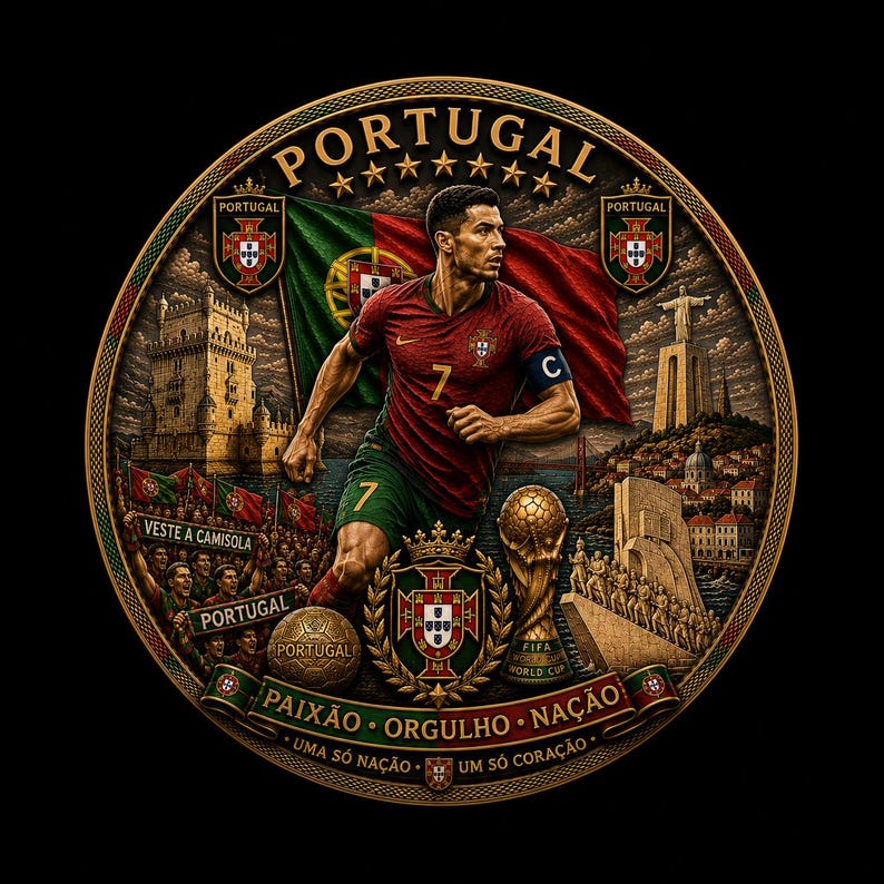 May include: A detailed illustration of a Portuguese soccer player in a red jersey, set within a circular design. The image includes the Portuguese flag, landmarks, and text that reads "Portugal", "Paix&atilde;o, Orgulho, Na&ccedil;&atilde;o", and "Uma S&oacute; Na&ccedil;&atilde;o, Um S&oacute; Cora&ccedil;&atilde;o".