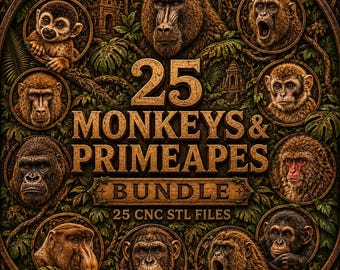 Monkey STL Bundle, 3D Monkey CNC Relief Model, Laser & 3D Printing - Digital Download