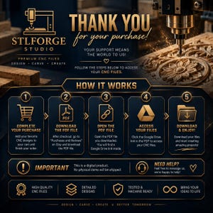 May include: A digital instruction graphic for STLForge Studio featuring gold text on a dark background. It outlines a five-step process to download CNC files, including icons for a shopping cart, PDF, link, Google Drive, and folder, plus support info.