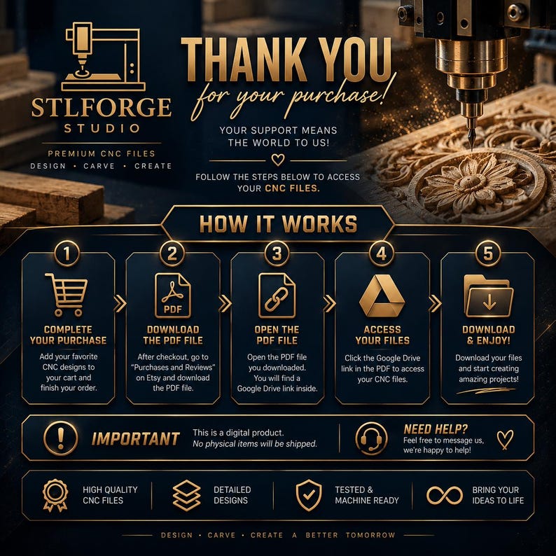 May include: A digital instruction graphic for STLForge Studio featuring gold text on a dark background. It outlines a five-step process to download CNC files, including icons for a shopping cart, PDF, link, Google Drive, and folder, plus support info.