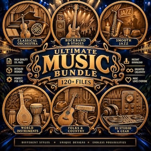 Könnte beinhalten: Eine digitale Grafik mit dem Titel Ultimate Music Bundle 120+ Files, die sechs kreisförmige, goldfarbene Felder mit verschiedenen musikalischen Themen wie klassisches Orchester, Rockband, Jazz, Weltinstrumente, Country und DJ-Studioausrüstung zeigt.
