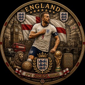 May include: A circular commemorative coin featuring an English soccer player in a white jersey with the number 9. The coin includes the England flag, London landmarks, a soccer ball, and the text "IT'S COMING HOME."
