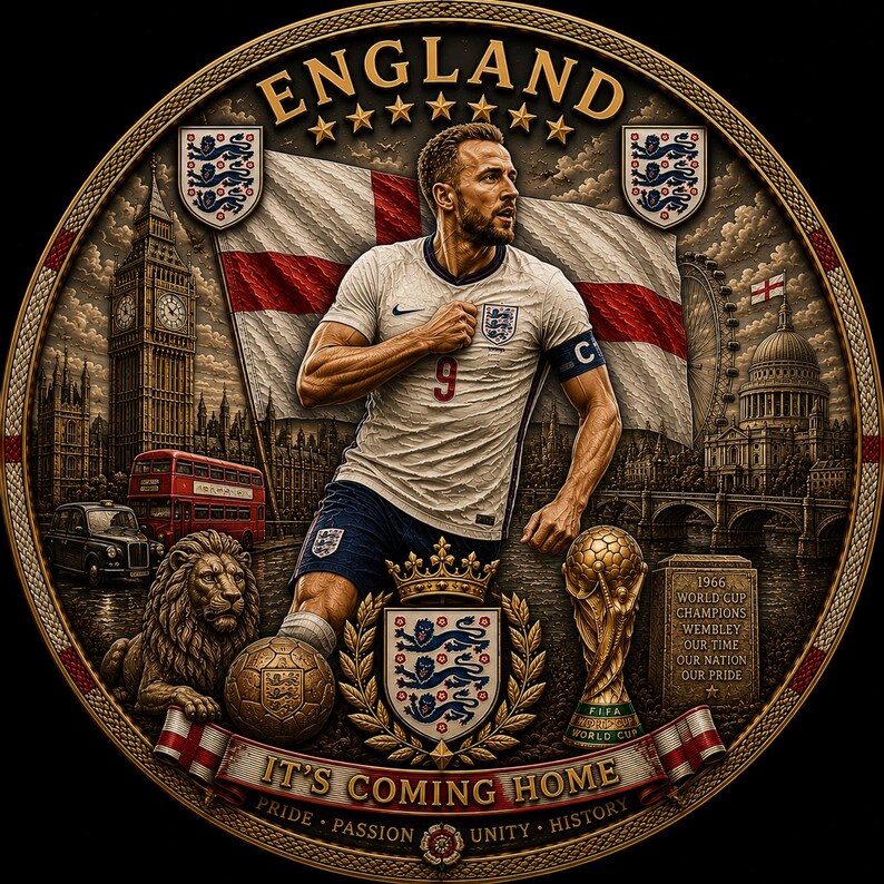 May include: A circular commemorative coin featuring an English soccer player in a white jersey with the number 9. The coin includes the England flag, London landmarks, a soccer ball, and the text "IT'S COMING HOME."