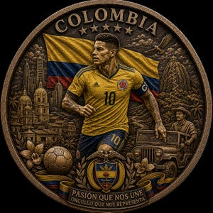 May include: A detailed bronze-colored coin featuring a soccer player in a yellow jersey with the number 10, in front of a Colombian flag. The coin includes the word "COLOMBIA" and the text "PASI&Oacute;N QUE NOS UNE ORGULLO QUE NOS REPRESENTA".