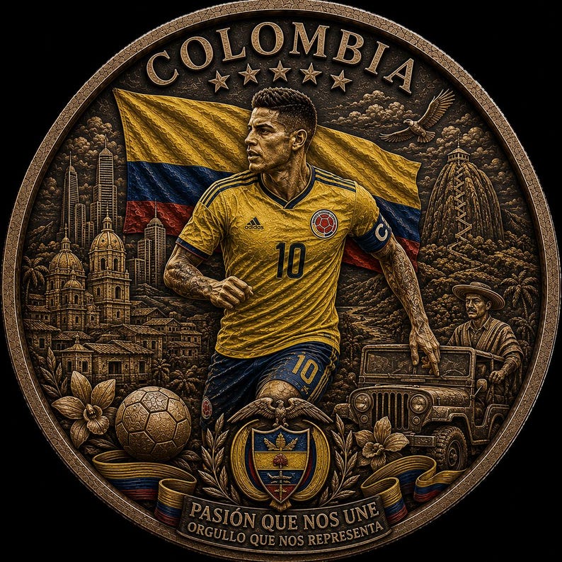 May include: A detailed bronze-colored coin featuring a soccer player in a yellow jersey with the number 10, in front of a Colombian flag. The coin includes the word "COLOMBIA" and the text "PASI&Oacute;N QUE NOS UNE ORGULLO QUE NOS REPRESENTA".