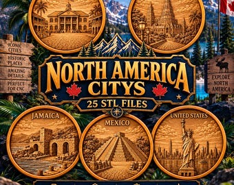 North America STL Bundle, 3D CNC City Landmark Relief Models, Laser & 3D Printing, USA, Jamaica, Mexico, Cuba, Haiti Cnc File