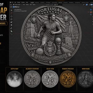 May include: A digital rendering of a Portuguese coin featuring a soccer player, the Portuguese flag, and the text "Portugal." The image includes the text "Example of Depth Map in Blender" and details about the 3D relief model.