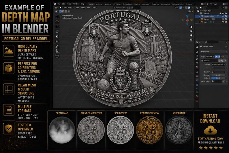 May include: A digital rendering of a Portuguese coin featuring a soccer player, the Portuguese flag, and the text "Portugal." The image includes the text "Example of Depth Map in Blender" and details about the 3D relief model.