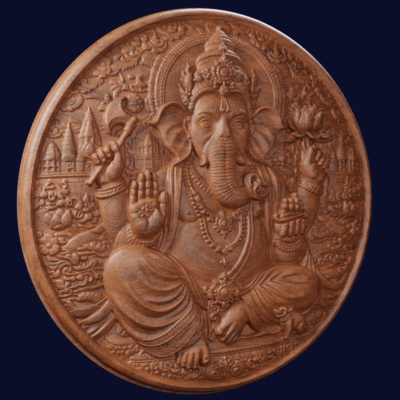 May include: A circular wooden wall plaque featuring a detailed relief carving of the deity Ganesha in a seated position. The carving depicts Ganesha with four arms, holding a lotus and an axe, surrounded by intricate temple architecture and foliage.