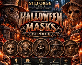 Halloween Mask STL Bundle, 3D CNC Model Relief File, Halloween CNC File, Laser & 3D Printing Compatible - Digital Download